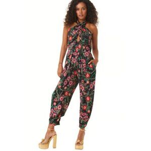 NEW MISA Halter Koral Floral Black Jumpsuit Romper Sleeveless Size S $470 [jb]